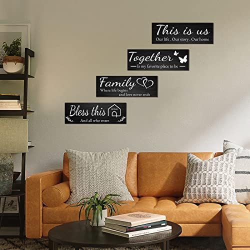 Joyhawk 4 Pieces Home Wall Decor Signs, THIS IS US/TOGETHER/BLESS THIS HOME/FAMILY Wall Decor For Living Room Bedroom, Rustic Wooden Farmhouse Wall Art Decor, 4.7 x 13.8 Inch(Black) - Image 3