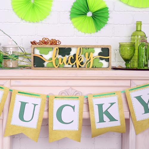 Vintage Happy St. Patrick's Day Decorations for Office, Home, Table, Mantel, Shelf, Desk, 3 1/2 x 11 Inch Retro Lucky Sign, Wooden Saint Patrick Decor Sign, Farmhouse Green Decoration (Lucky) - Image 5
