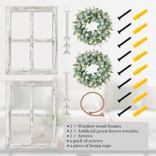 WAKOSAN Rustic Wood Window Frame Wall Decor with Wreath & Arrows, Set of 2 - Image 2