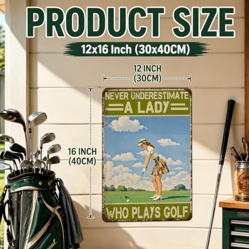 Vintage Golf Metal Sign for Women Never Underestimate A Lady Who Plays Golf Wall Art Poster for Home Clubhouse Man Cave Garage Bar Restaurant Cafe Decor 12x16 Inch - Image 2
