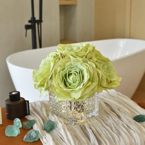 Silk Roses in Glass Vase with LED, Low Centerpiece for Table, Apple Green - Image 3
