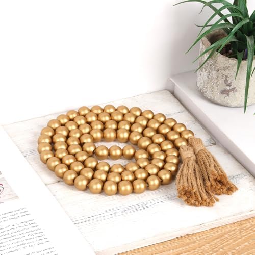 RAMIRABI 58in Wood Bead Garland, Farmhouse Rustic Country Decor, Gold - Image 2