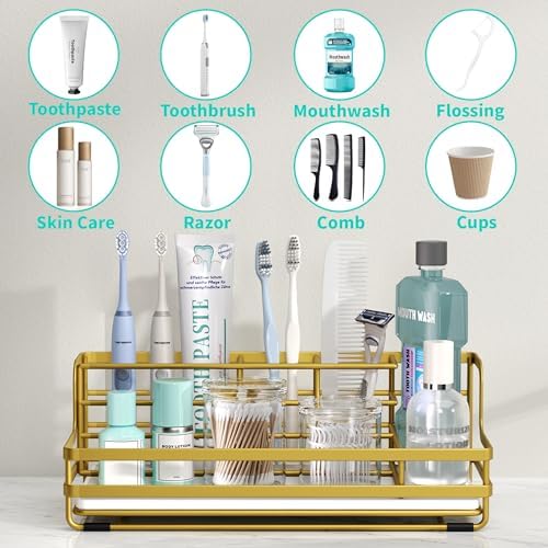 HapiRm Toothbrush Holders for Bathroom - 5 Partitions Bathroom Counter Organizer with Instant Drying Stone, Stainless Steel Countertop Storage Electric Toothbrush Toothpaste Holder - Gold - Image 2