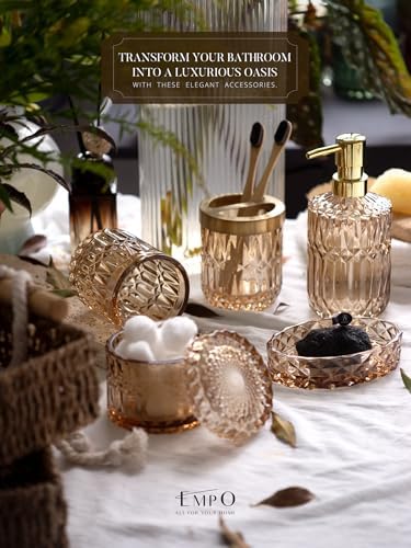 EMPO 6PCS Bathroom Clear Glass Accessories Set (Lotion Soap Dispenser, Soap Dish, Toothbrush Holder, Tumbler, Cotton Swab Jar), Contemporary Modern Decor Crystal Vintage Gift (6pcs Brown) - Image 2
