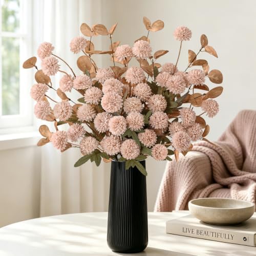 12 Pcs Realistic Fall Flowers Fake Mums with Vase, Full Silk Pompon Bulk by Yastouay
