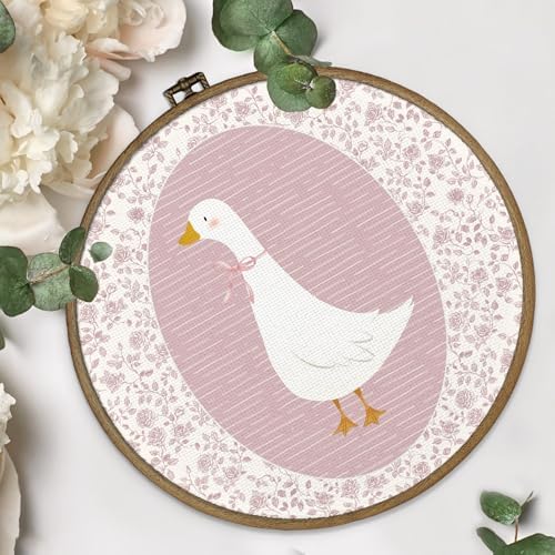 dvhdajed Coquette Pink Bow Goose Round Wall Art Decor, Preppy Goose Framed Canvas Art, Pink Nursery Wall Decor,Gooses Floral Wall Hanging Decor for Baby Nursery Bedroom Living Room, 10x10 In - Image 4