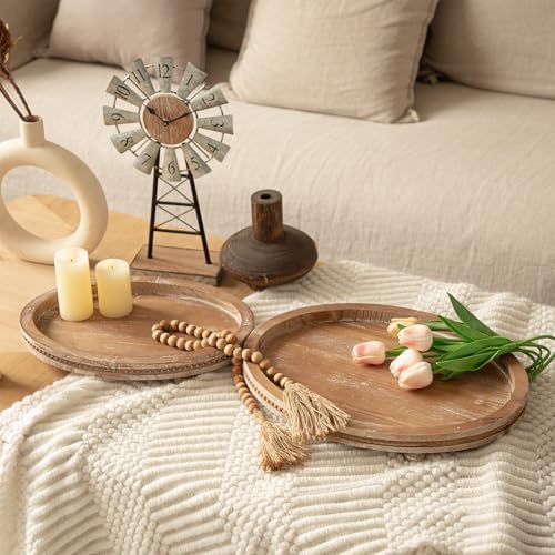 2 Piece Oval Torched Wooden Serving Tray Set with Beaded Design, Centerpiece Table Decorations Tray for Living Room Ottoman, Coffee Table Tray for Farmhouse Home Decor - Image 6