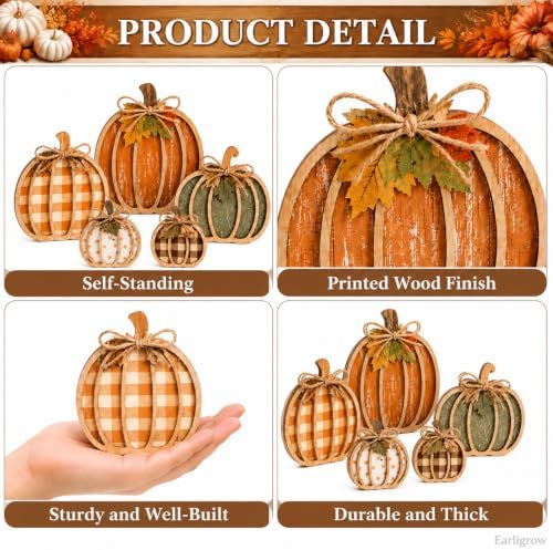 Fall Decorations for Home, Wooden Buffalo Plaid Pumpkin Fall Decor - Image 3