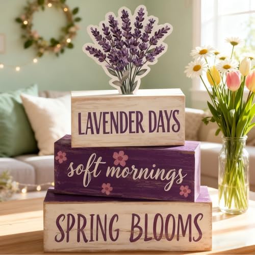 Spring Decoration Wooden Tiered Tray Decor – Rustic Lavender Days Stacked Block Sign with Lavender Flower Topper – Farmhouse Tabletop Spring Decor for Living Room Shelf Kitchen Coffee Bar Seasonal Home Display - Image 2