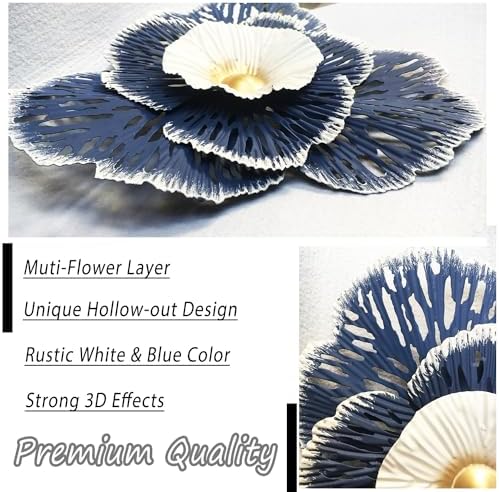 Metal Flower Wall Art Decor, 10" Blue White Layered Floral Sculpture - Image 2