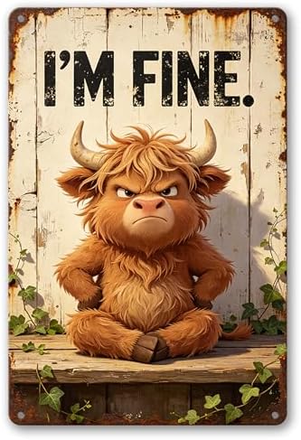 Grumpy Highland Cow with I'M FINE Funny Slogan Vintage Wall Art,Premium Solid Aluminum Metal Sign, Rustic Farmhouse Decor for Bathroom Bar Home, Multipurpose Novelty Wall Plaque Gift 8x12 Inch by Vintmark