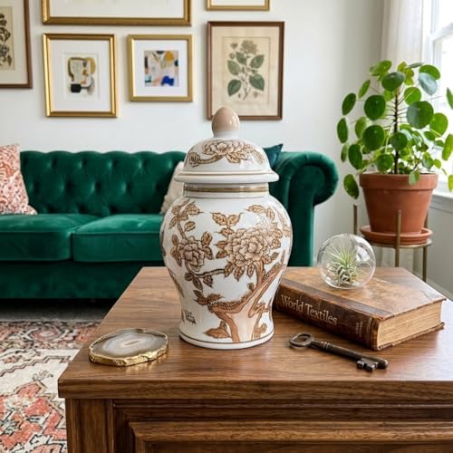 8" Ceramic Ginger Jar w/Lid - Classic Chinese Style Porcelain Jar Tea Storage for Home Decor Decorative Centerpiece Vintage Accent Antique Vase Jingdezhen (Brown & White) - Image 4