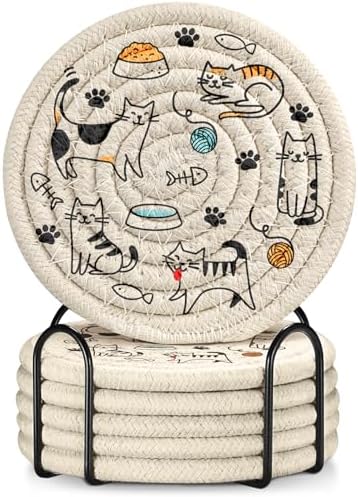 Absorbent Cup Coasters Set of 6 with Holder, Five Cats by Kokaaee