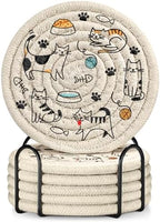 Absorbent Cup Coasters Set of 6 with Holder, Five Cats by Kokaaee