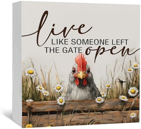 Chicken Rooster Decor Signs,Cottagecore Chicken Wooden Signs,Rustic Farmhouse Live Like Someone Left The Gate Open Wood Sign,Farm Animal Rooster Decor For Kitchen Office Badroom by Nitelat