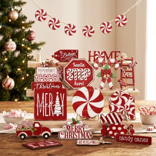 Mifoci 18 Pieces Christmas Candy Cane Tiered Tray Decor Wooden Signs - Image 6