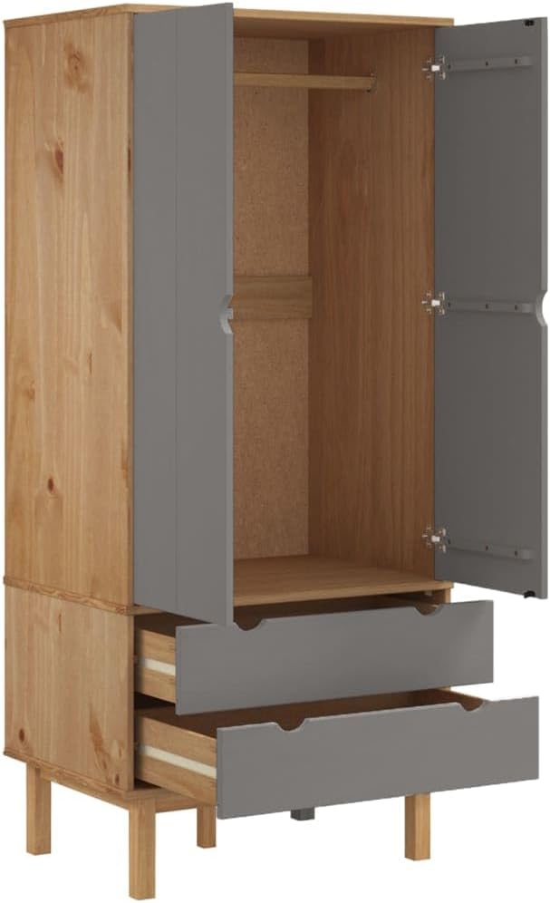 Compact Brown Wardrobe with 2 Drawers and Large Compartment, Solid Pine Wood - Image 5
