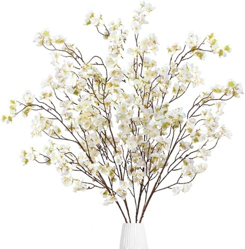Sggvecsy Artificial Cherry Blossom Flowers 4 Pcs Faux Cherry Blossom Stems Faux Silk Cherry Blossom Branches 41’’ Fake Flowers Long Stems for Vase Arrangements Home Wedding Table Decor (White) by Sggvecsy