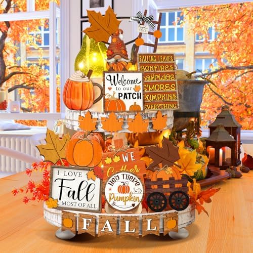 Fairysandy 21 Pcs Fall Tiered Tray Decor, Thanksgiving Table Sign, Gnome - Image 5