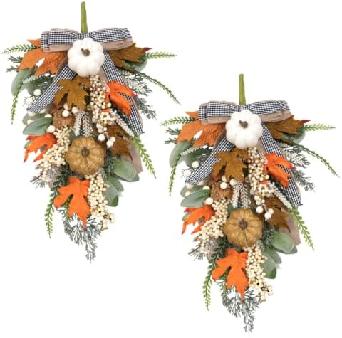 2PCS Fall Teardrop Swags 20inch Thanksgiving Wreath, Eucalyptus Berries Pumpkins Lamb Ears Leaves Autumn Wreaths for Front Door, Fall Decor, Porch Wall, Home Outdoor Holiday Decorations (C) by CIROASES