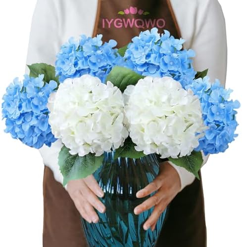 2Pcs White/ 4Pcs Blue 20" Hydrangea Artificial Flowers Silk Large Faux Floral Lifelike for Office Party DIY by IYGWQWO
