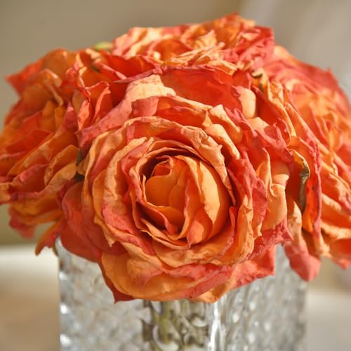 Silk Roses in Glass Vase with LED, Low Centerpiece for Table, Orange - Image 5