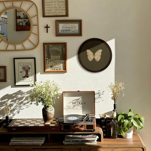 CFFJLHN Green Butterfly Wall Art Decor, Bedroom Round Wooden Wall Art Vintage Butterfly Moth Framed Prints, Retro Cottagrcore Round Wall Hanging Decor for Bedroom Home Decorations, 10x10 Inch - Image 3