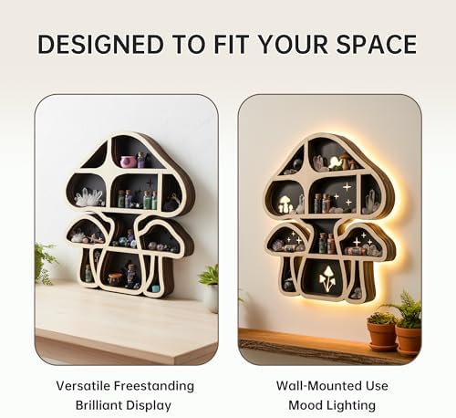 Mushroom Decor Floating Shelves with Lights, Crystal Display Shelf for Wall - Image 6