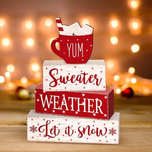 Marsui 4 Pcs Winter Tabletop Decor Red Hot Cocoa Christmas Block Signs - Image 5
