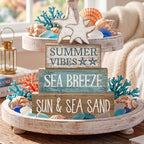 Yuntau 4 Pcs Summer Beach Decorations for Home Beach Tiered Tray Decor Starfish Coastal Rustic Starfish Wooden Block Table Sign Stacked Book Nautical Table Centerpiece for Farmhouse Office Desk Shelf - Image 6