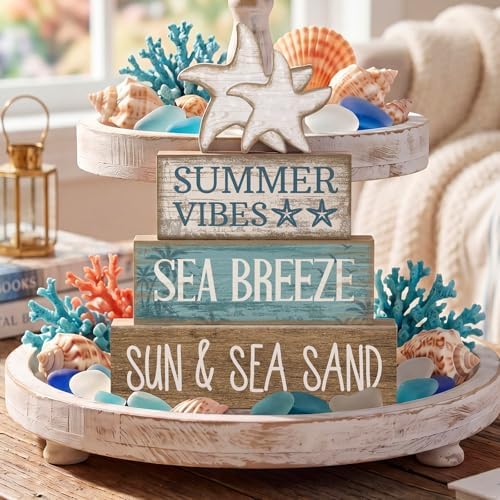 Yuntau 4 Pcs Summer Beach Decorations for Home Beach Tiered Tray Decor Starfish Coastal Rustic Starfish Wooden Block Table Sign Stacked Book Nautical Table Centerpiece for Farmhouse Office Desk Shelf - Image 6