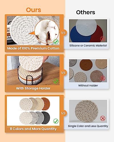 Effectyou 8 Pcs Drink Coasters with Holder, 8 Colors Absorbent Coasters for Drinks Minimalist Cup Coasters Cotton Coaster Set Woven Coasters for Coffee Table Home Decor Bar Housewarming Gift, 4.3 Inch - Image 4