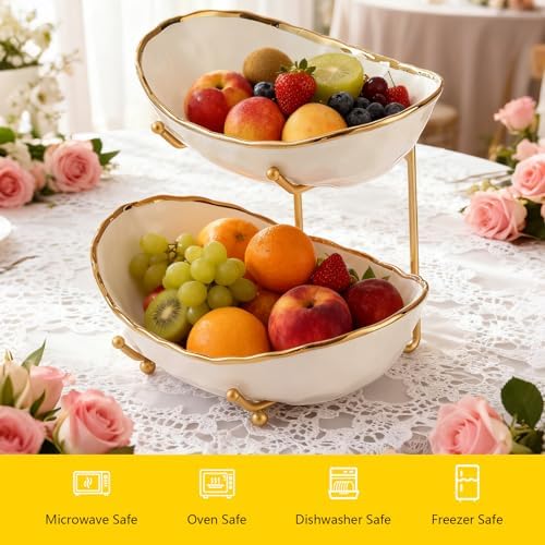 jessie 2 Tier Ceramic Fruit Bowl for Kitchen Counter with Metal Rack, Fruit Basket with Stand, Porcelain Bowls for Vegetable Bread Candy Snack Nuts Dessert Cake Tray (Gold 2 layer) - Image 5
