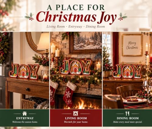 Gingerbread Christmas Decorations, 3D Wooden JOY Sign with Christmas Tree and Reindeer, Vintage Merry Christmas Tiered Tray Decor for Office Desk Party Kitchen, Tabletop, Shelf and Farmhouse Mantel (Gingerbread Christmas Decorations) - Image 7