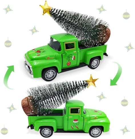 Green Christmas Decorations Vintage Metal Truck with Mini Christmas Tree by Teeloray
