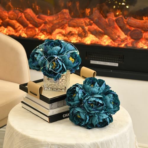 Artificial Peony Silk Flower Centerpieces with LED Light Faux Floral Arrangement in Glass Vase for Home Wedding Table Decoration (Peacock Blue) - Image 3