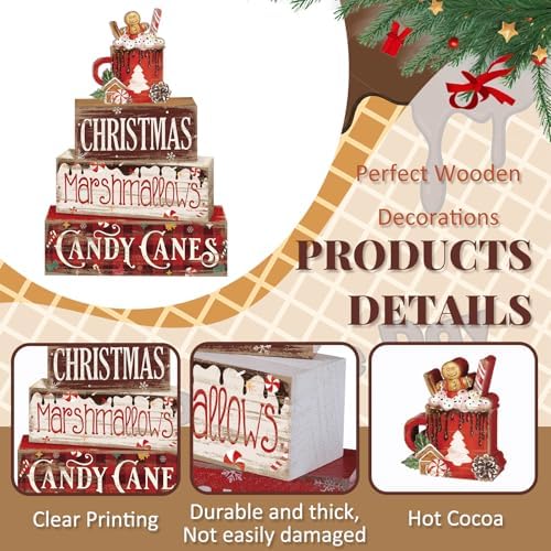 Moucuny 4 Pcs Christmas Hot Cocoa Wooden Block Set, Tiered Tray Decor - Image 3