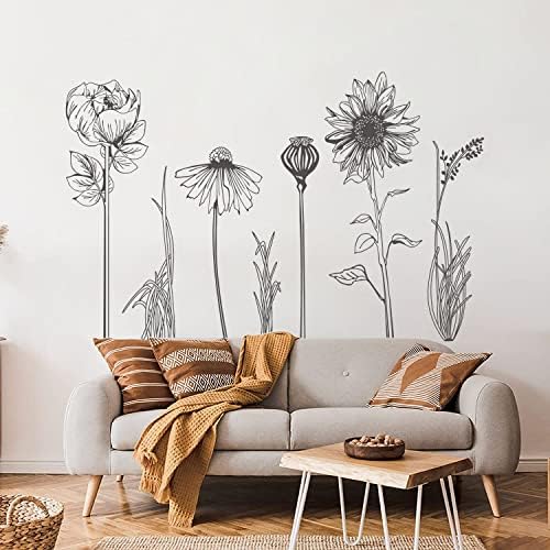Black Simple Flower Plant Wall Decals, 2 Sheets Large Boho Floral Modern Wall Stickers Peel Stick Sketch Wildflower Wallpaper Art Decor for Bedroom Living Room Office Gifts for Mom(11.8x35.4 in/Sheet) - Image 5