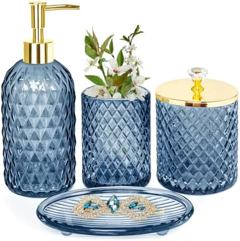 Haturi Glass Bathroom Accessories Set, Navy Blue Bathroom Set, 4 Pcs by Haturi