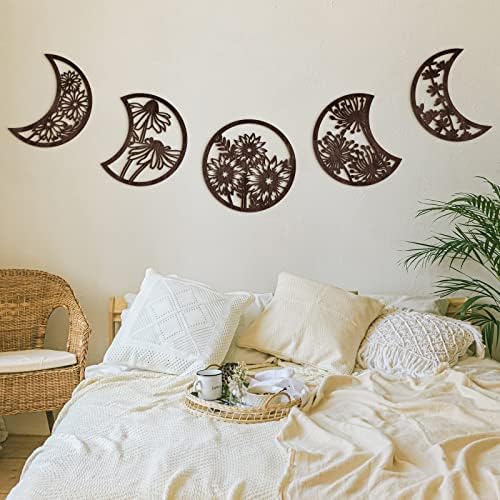 Jetec 5 Pcs Moon Phases Wall Art Decor, Wooden, Brown, 10.6 Inch, Flower - Image 4