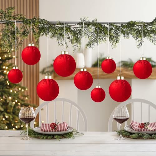 Velvet Christmas Ball Ornaments - 30pcs Flocked Christmas Ornaments Set Shatterproof Classic Hanging Xmas Tree Decorations with Rope for Wreath Holiday Home Decor (Red) - Image 6