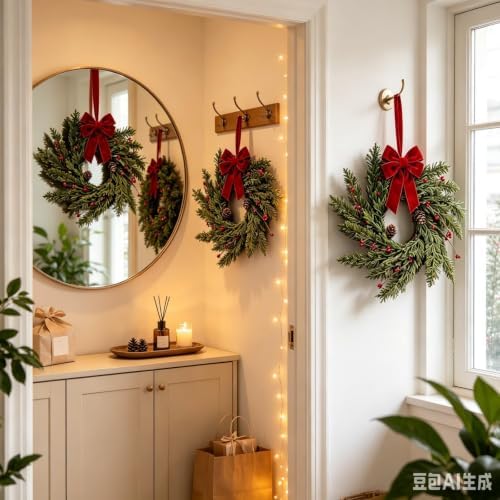 6 Pcs Mini Christmas Hanging Wreaths Artificial Cedar Cypress Pine Greenery with Pine Cones & Red Berries Small Rustic Farmhouse Wreath for Cabinets Front Door Porch Window Wall Holiday Winter Decor - Image 5