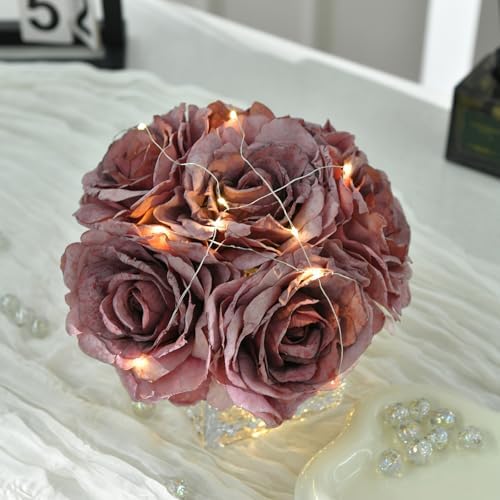 Silk Roses in Glass Vase with LED, Low Centerpiece for Table, Plum Purple - Image 6