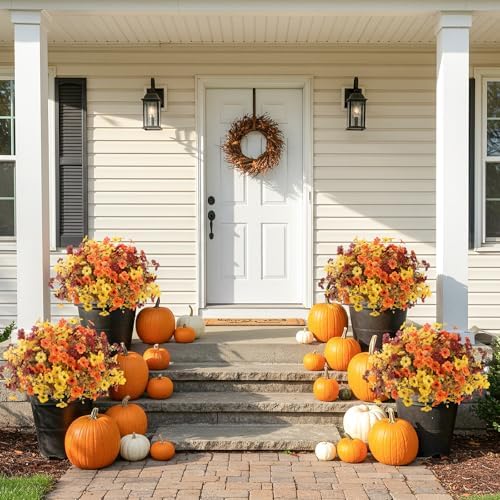 ATTGREAT Artificial Fall Flowers Outdoors UV Resistant Fake Mums Bulk Outside Faux Mums Plants Decorations for Home Garden Porch Hanging Planter Autumn Decor, 24 Bundles (Mix Orange Yellow Fall Red) - Image 5