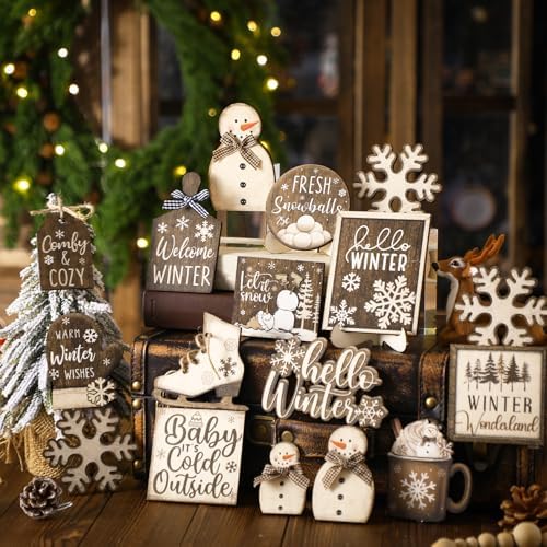 Shellwei 23 Pcs Winter Tiered Tray Decor, Hello Winter Snowman Signs - Image 3