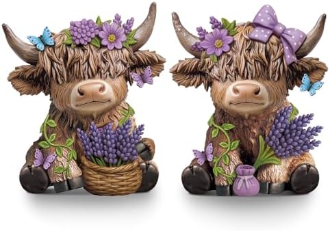 Wesiti 2 Pcs Lavender Highland Cow Figurines, Purple Resin Tiered Tray by Wesiti