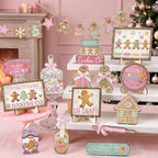 Shellwei 24pcs Pink Christmas Tiered Tray Decor Set Rustic Gingerbread Sign - Image 3