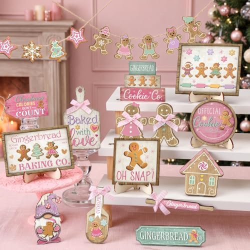 Shellwei 24pcs Pink Christmas Tiered Tray Decor Set Rustic Gingerbread Sign - Image 3