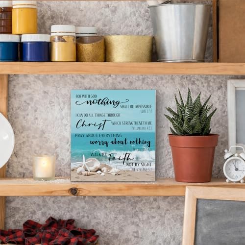 Coastal Beach Christian Wooden Box Sign, Ocean Room Decor, Inspirational Bible Verse Sea Shell Wood Signs for Beach House Cabin Home Office Desk Table Shelf Decor, 5x5 Inch - Image 2