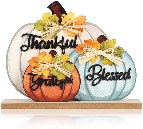 3 Pcs Fall Pumpkin Decor Wooden Table Sign Thankful Blessed Grateful Tabletop for Autumn Farmhouse Vintage Thanksgiving Harvest Party Rustic Home Room Table Shelf Halloween Decorations by Sophena